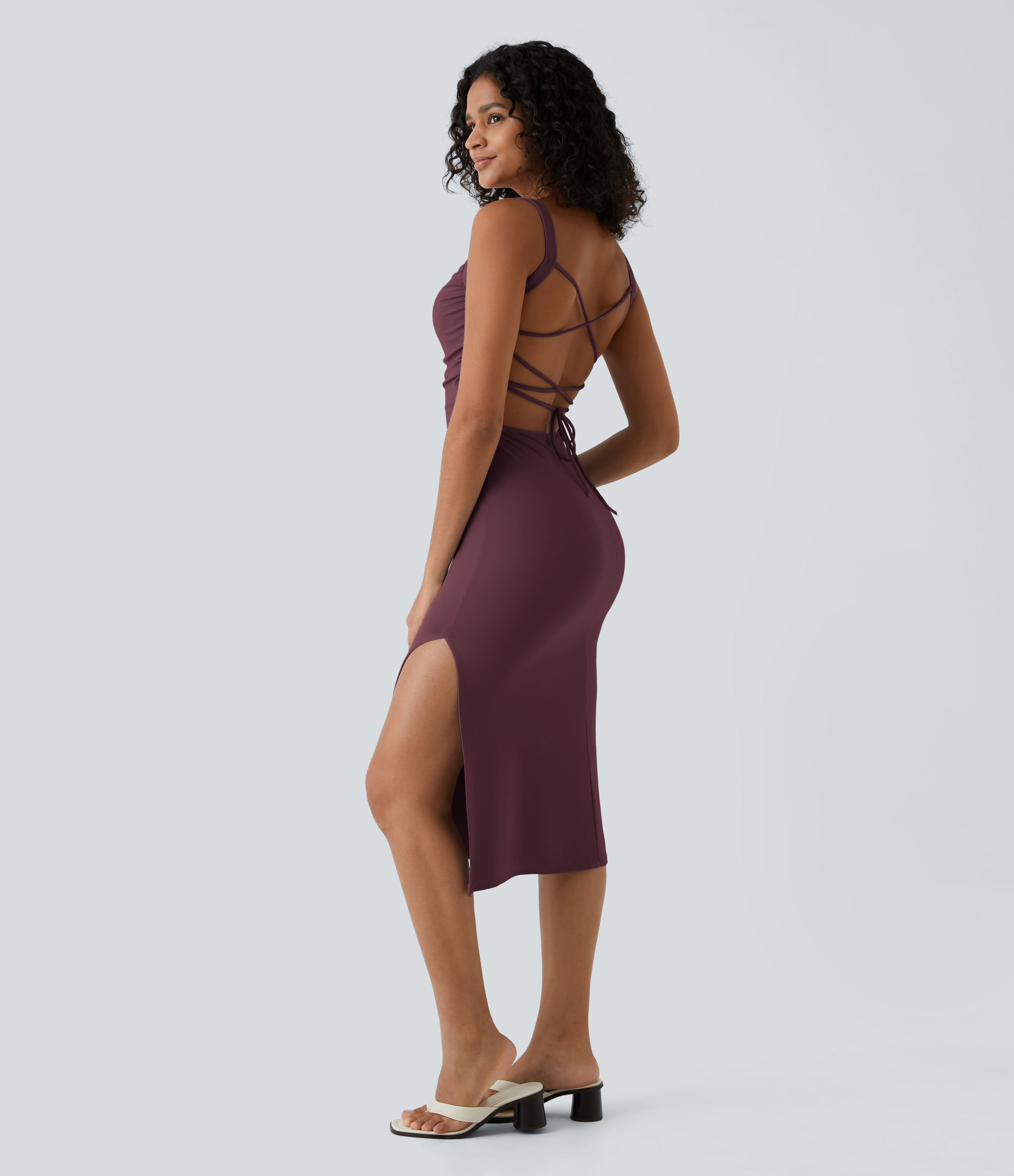 Ruched Lace Up Bodycon Midi Casual Dress Casual Dress - Fig