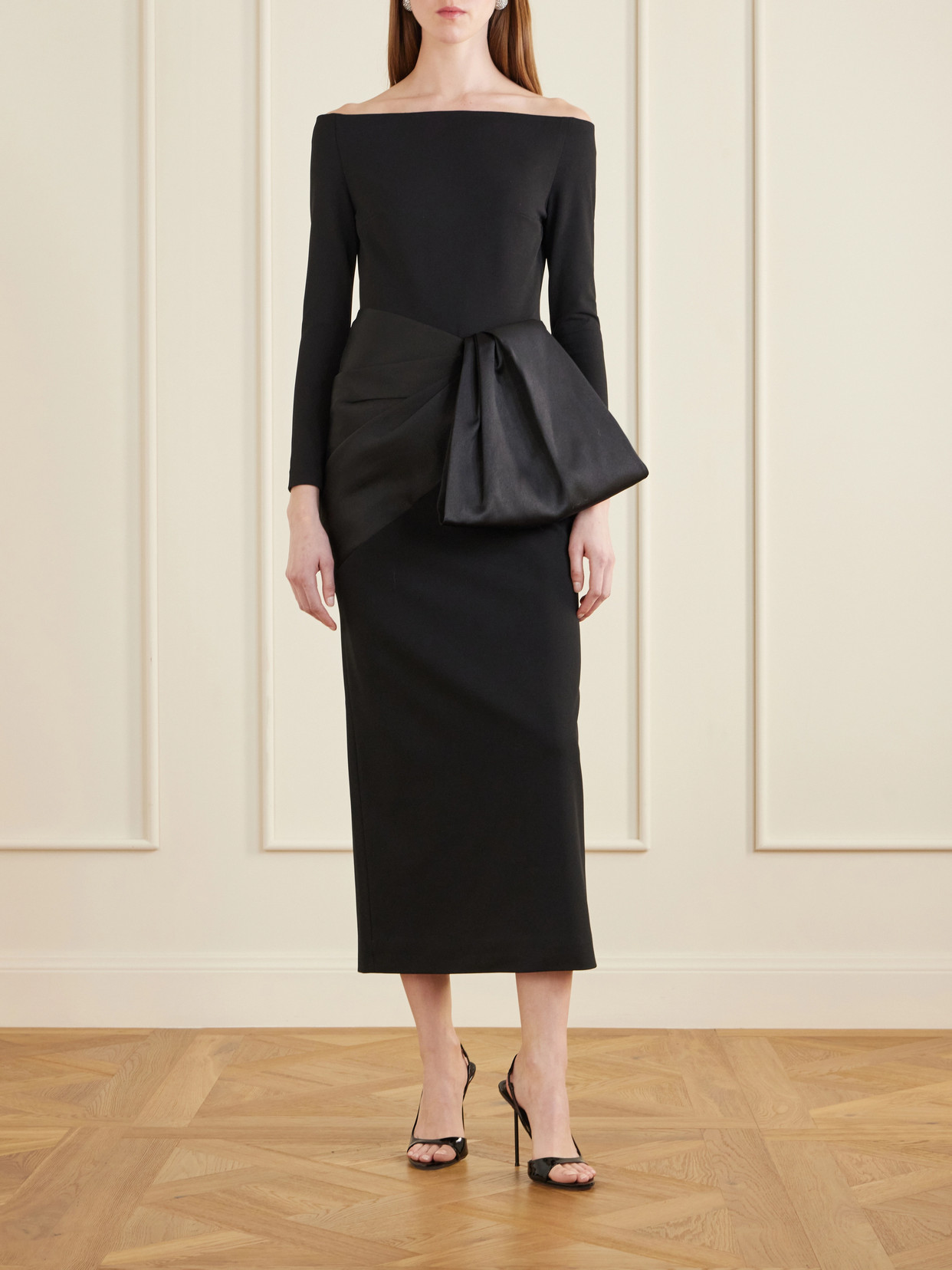 Rhianne Gathered Satin And Crepe Midi Dress - Black