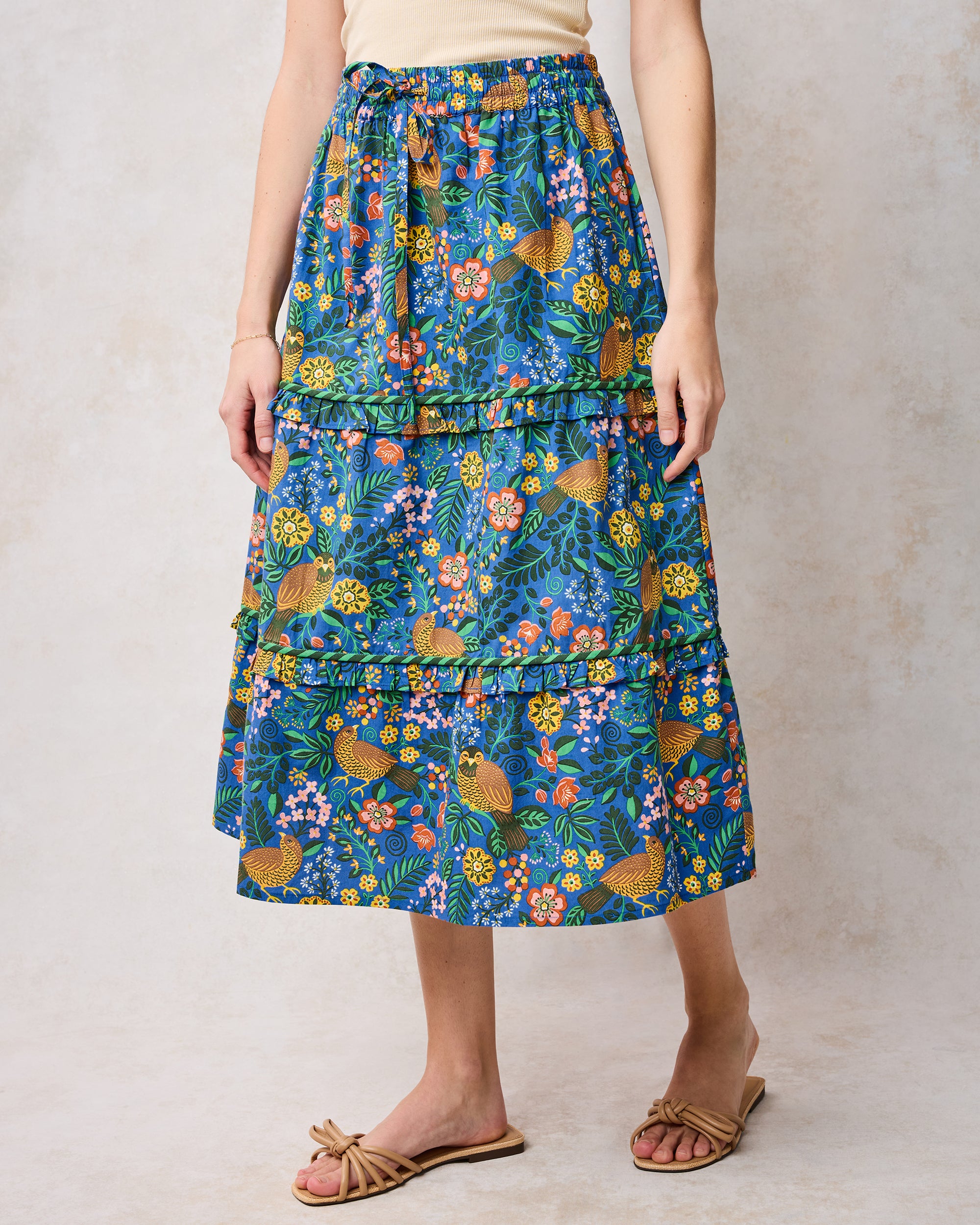 Flowy Floral Tiered Midi Skirt in Willow Wren | Women's XXS | Blue Spring