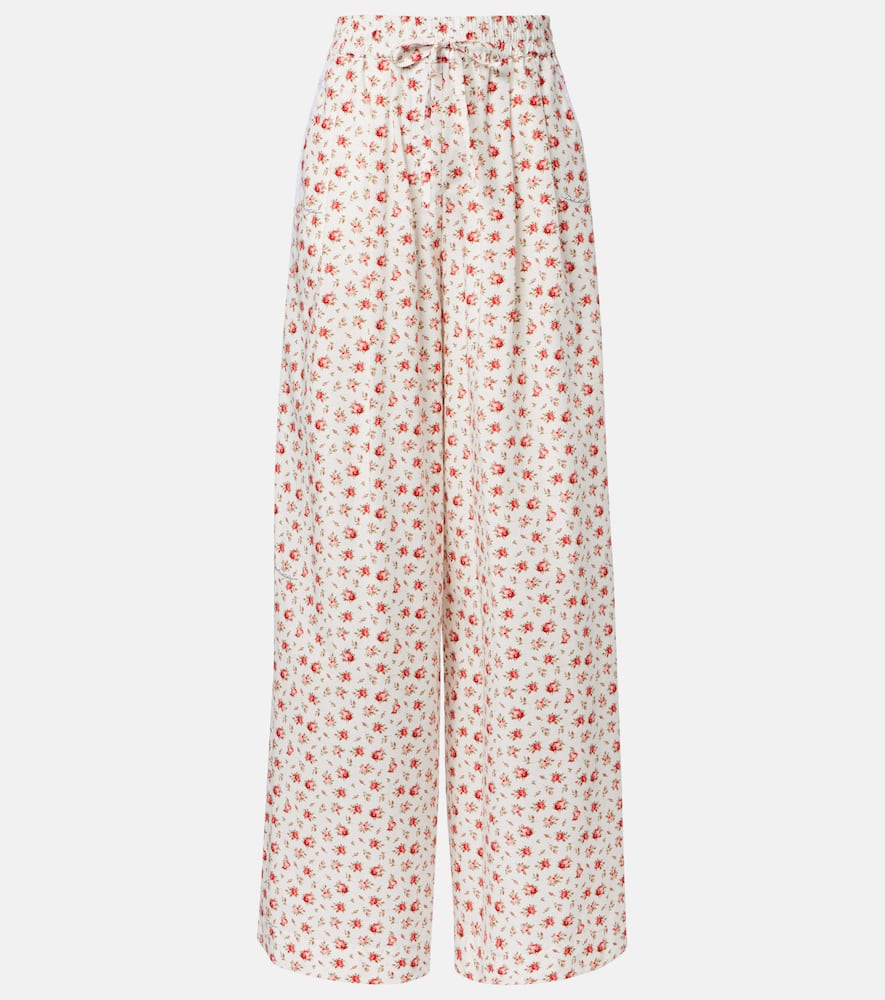 Floral cotton-blend poplin wide-leg pants
