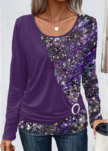 Modlily Dark Purple Patchwork Long Sleeve T Shirt