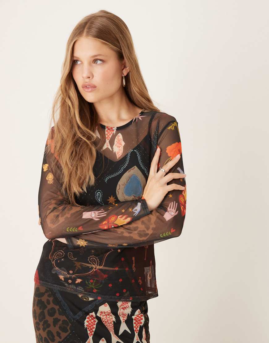 Long sleeve mesh top co-ord in multi-colour motif