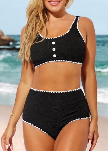 Modlily High Waisted Decorative Button Black Bikini Set
