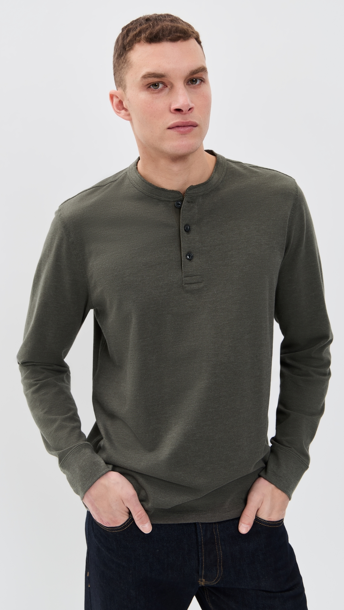 Long Sleeve Waffle Henley Night Rock