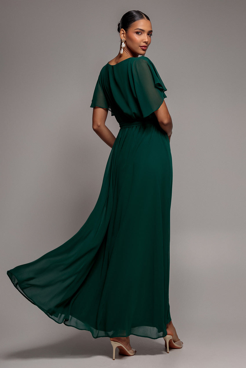 Goddiva Sustainable Chiffon Flutter Sleeve Wrap Maxi Dress - Green