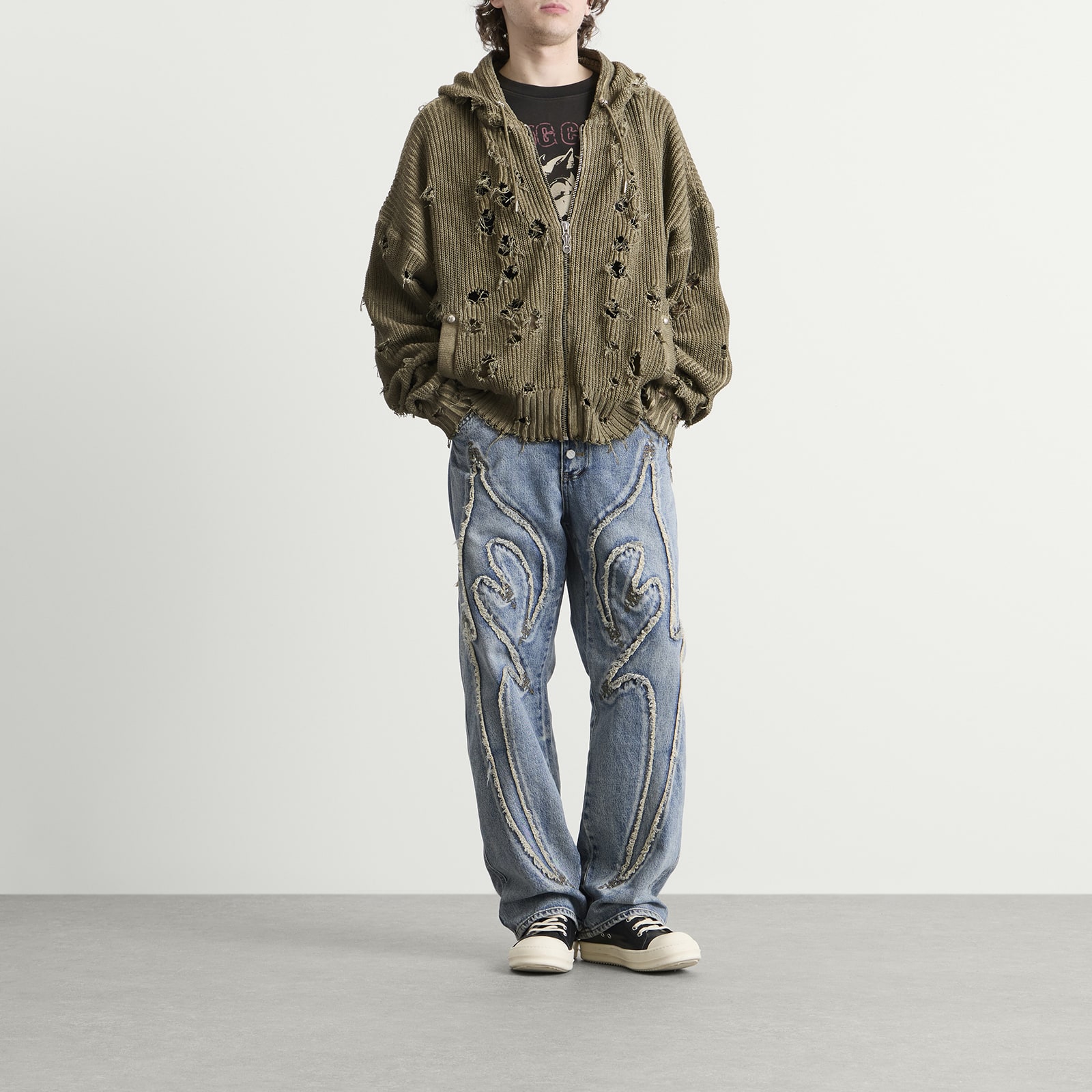 Men's Distressed Knitted Hoodie Beige