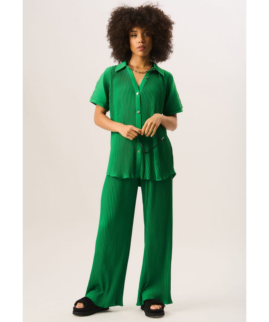 Gini London Womens Plisse Short Sleeve Oversized Shirt - Green