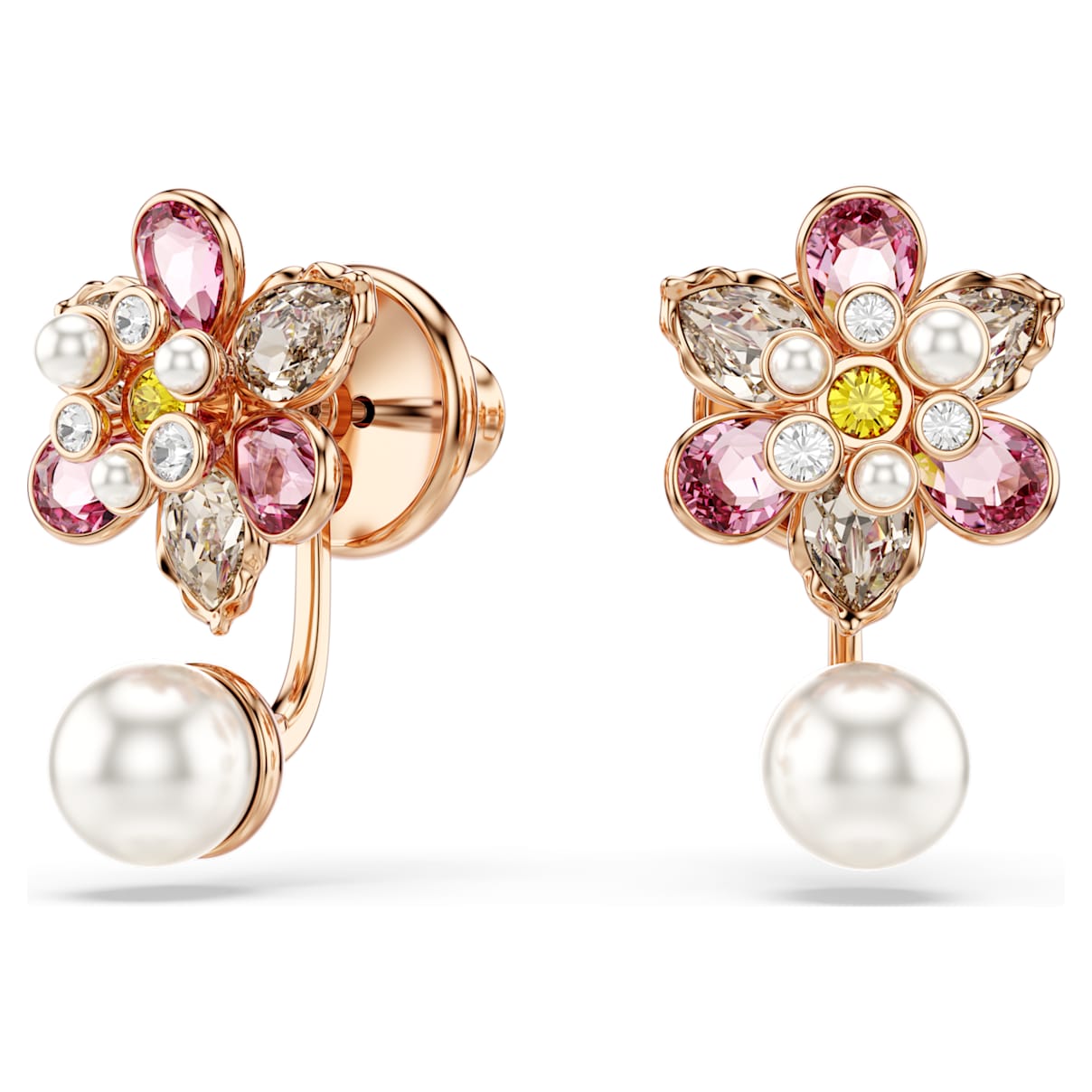 Idyllia earring jackets, Crystal pearl, Mixed cuts, Flower, Multicolored, Rose gold-tone plated