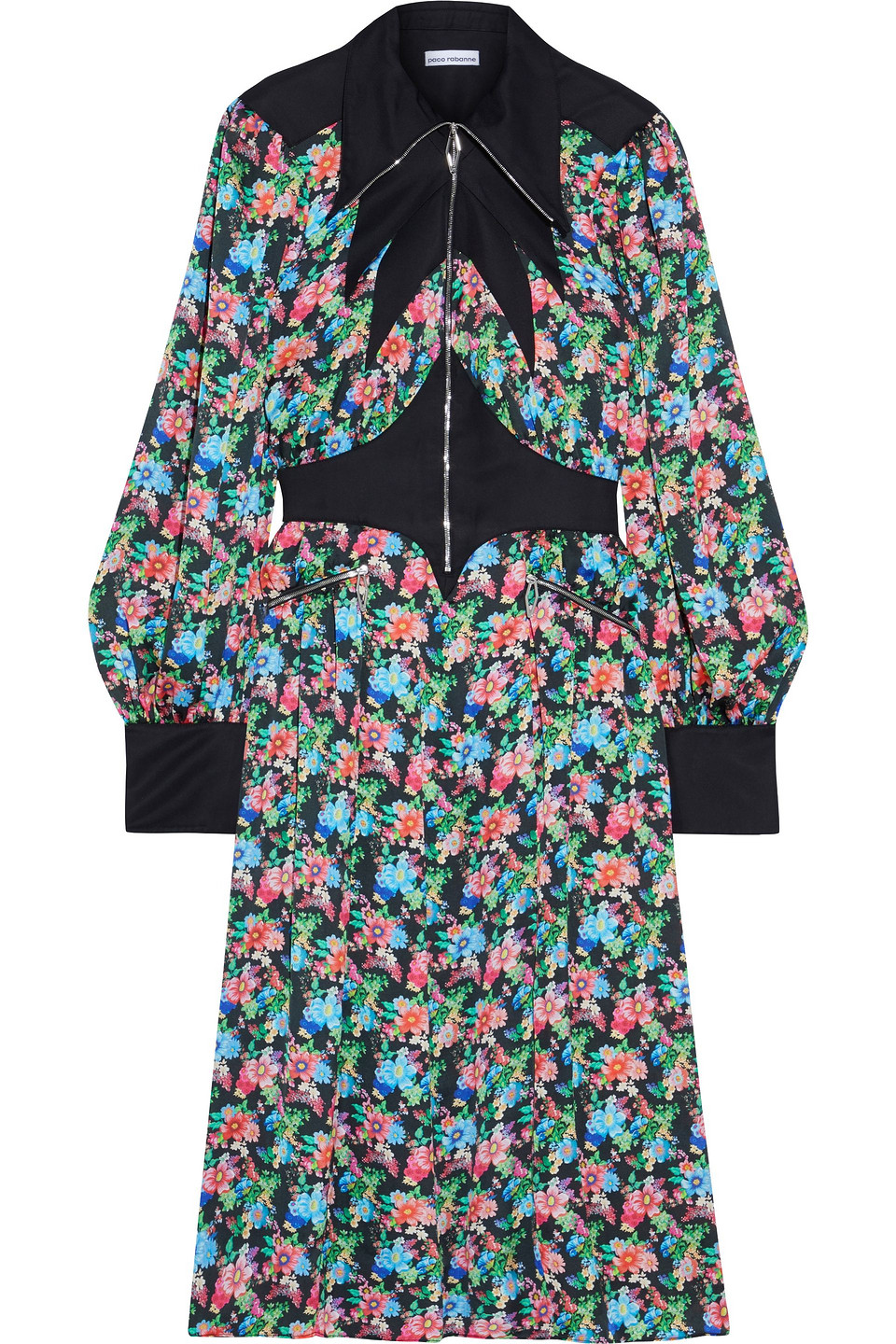 Satin twill-paneled floral-print crepe de chine dress