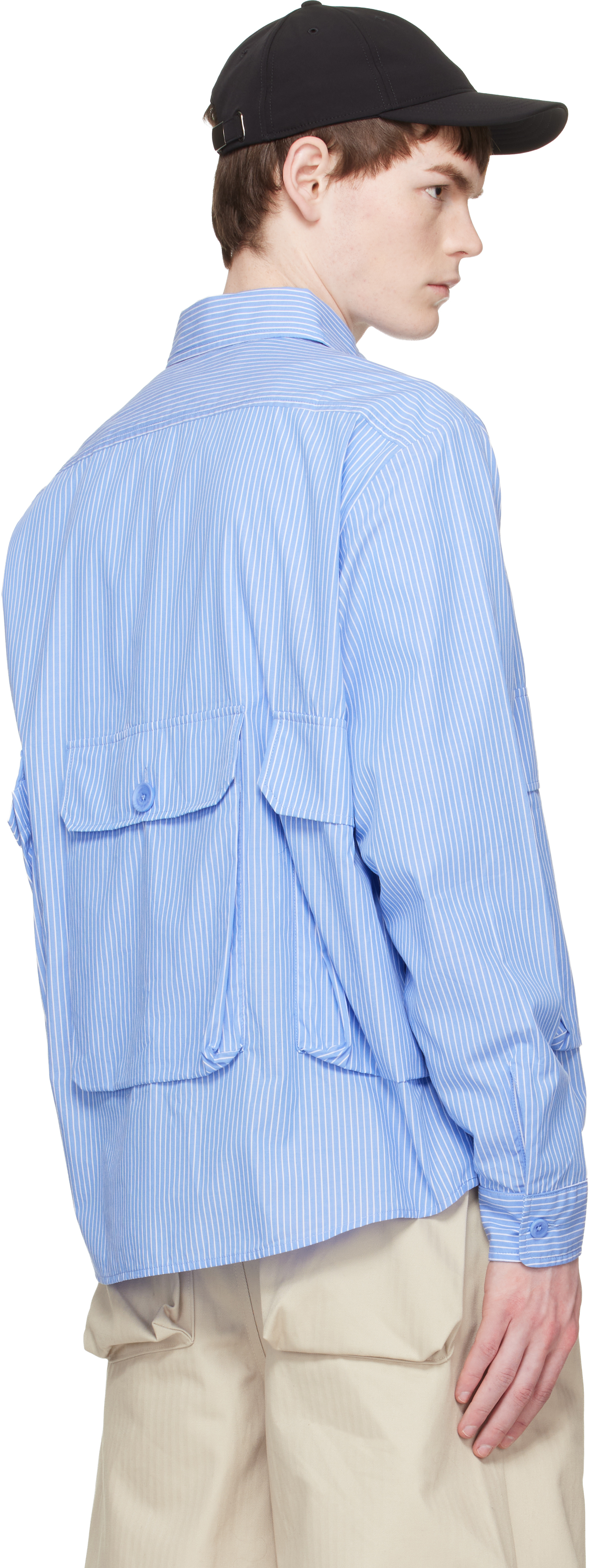 Blue Cotton Chambray Cargo Button Down Shirt