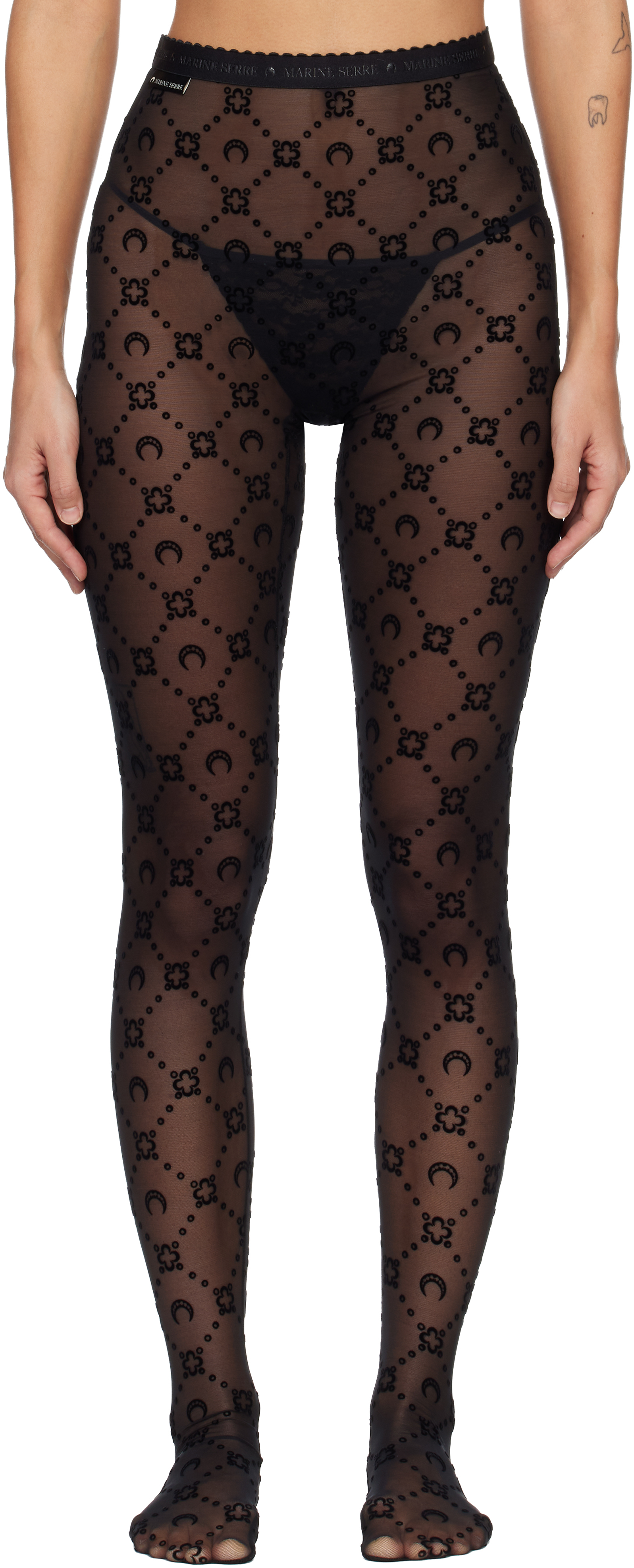 Black Moonogram Mesh Flock Tights