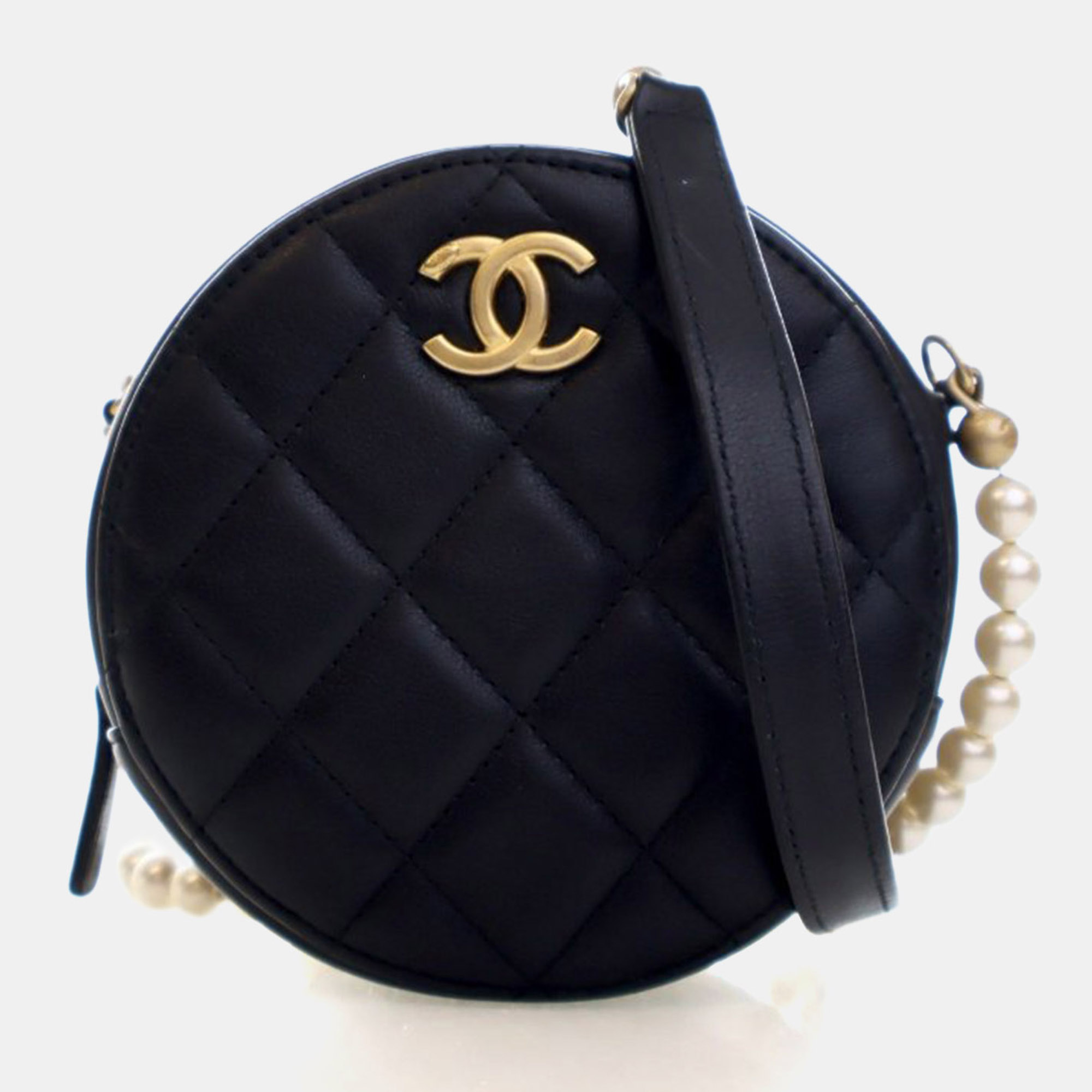 Chanel Round Pearl Chain Mini Lambskin Leather Clutch Bag