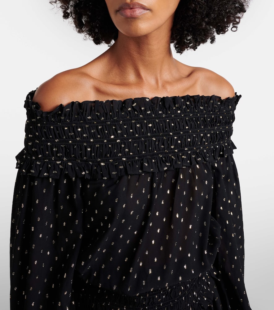 Shirred metallic-effect off-shoulder top