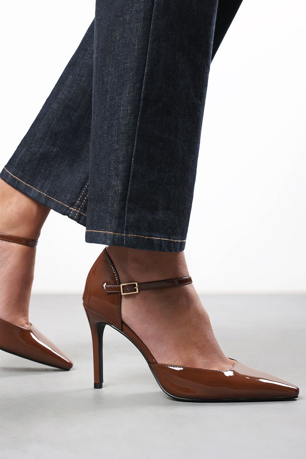 Where's That From Women's 'Winnie' Pointed Toe Stilleto Court Heeled Shoe w/ Buckle Strap in Brown