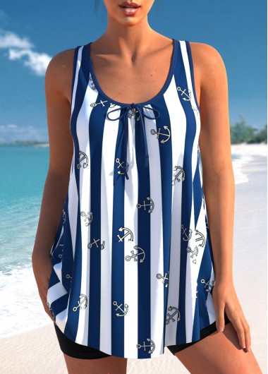 Modlily Striped Navy Blue Bowknot Tankini Set