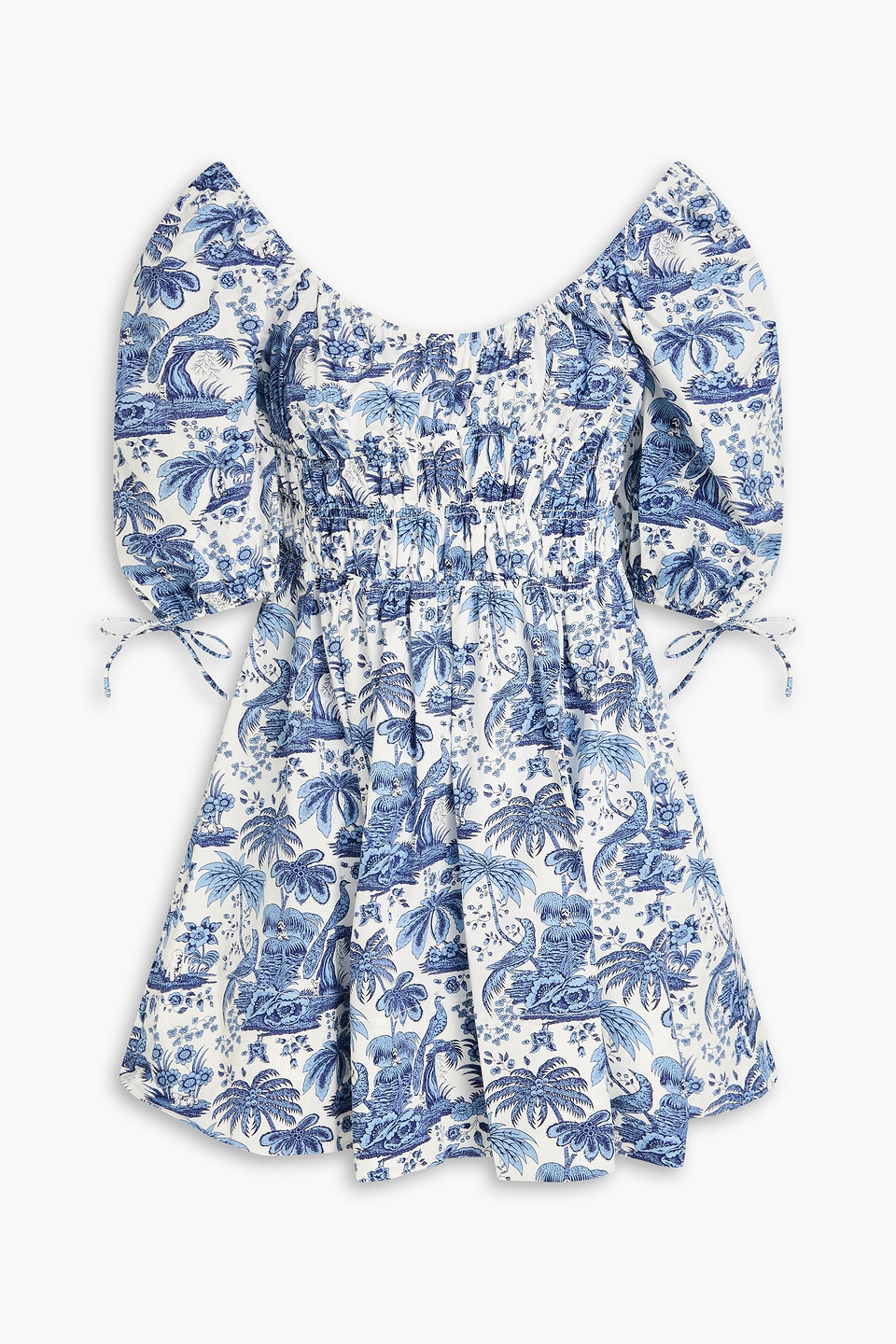 Faye shirred printed cotton-blend poplin mini dress - Blue - M