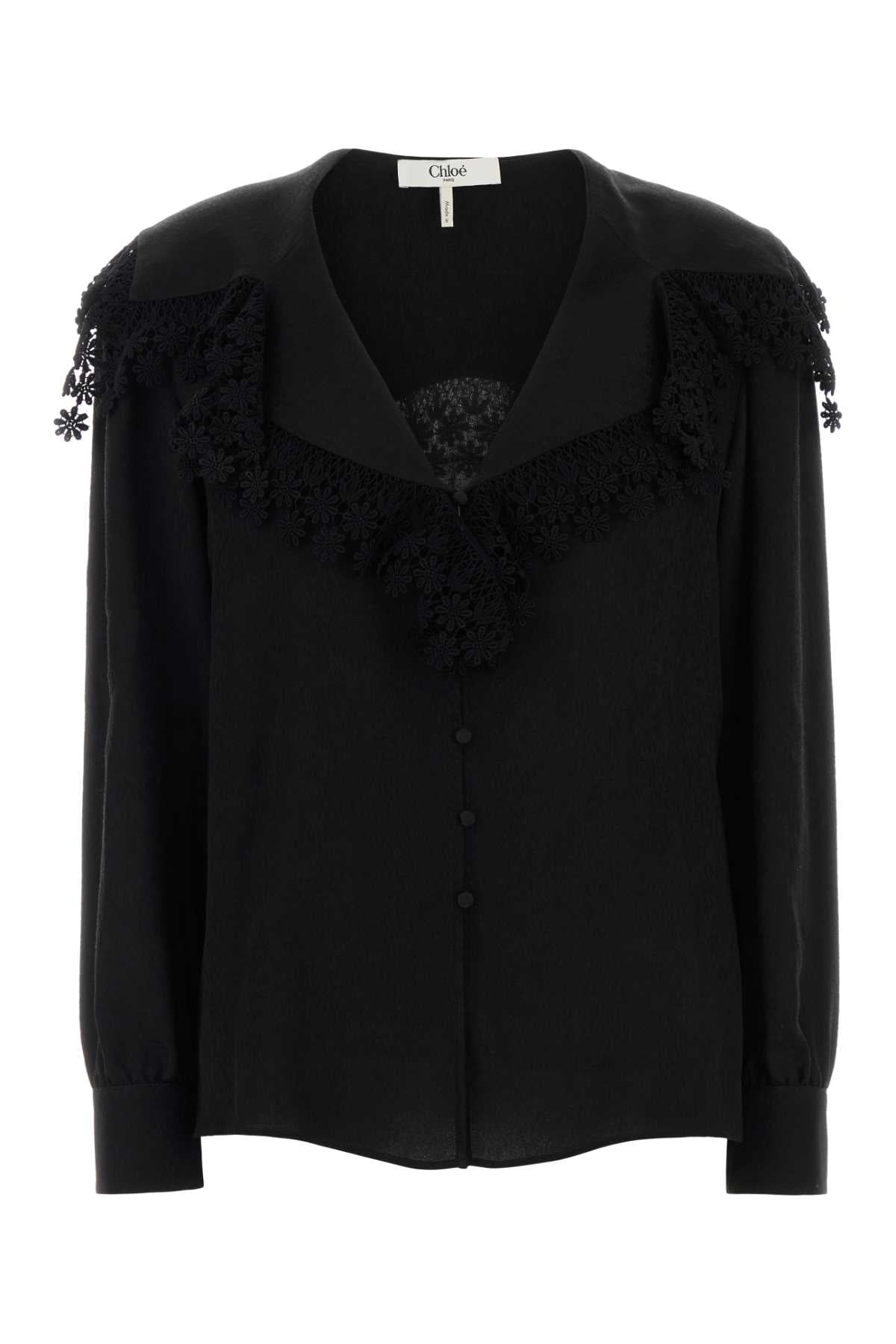 Lace-Trimmed Silk Blouse — Black