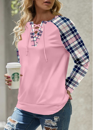 Modlily Navy Patchwork Plaid Long Sleeve Round Neck Sweatshirt