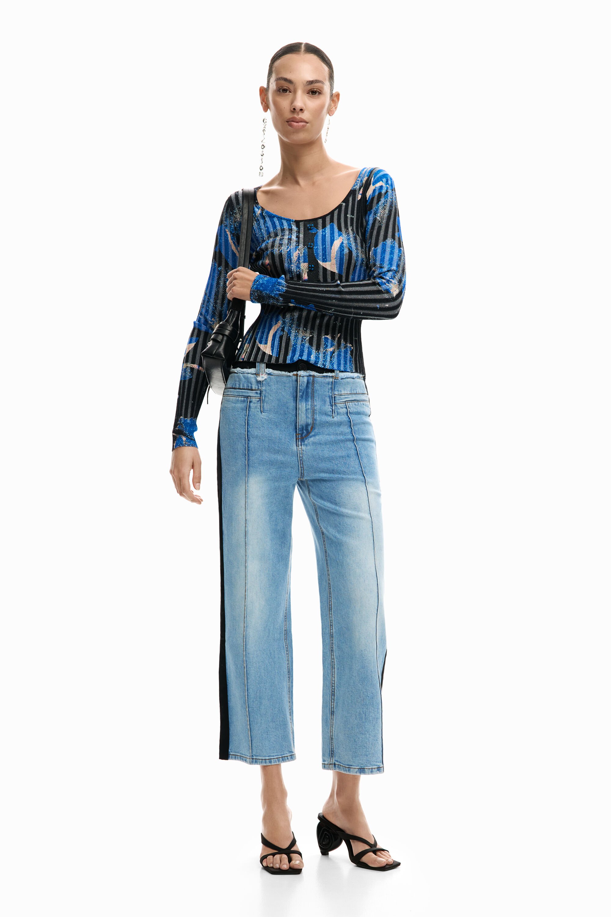 Two-material denim trouser