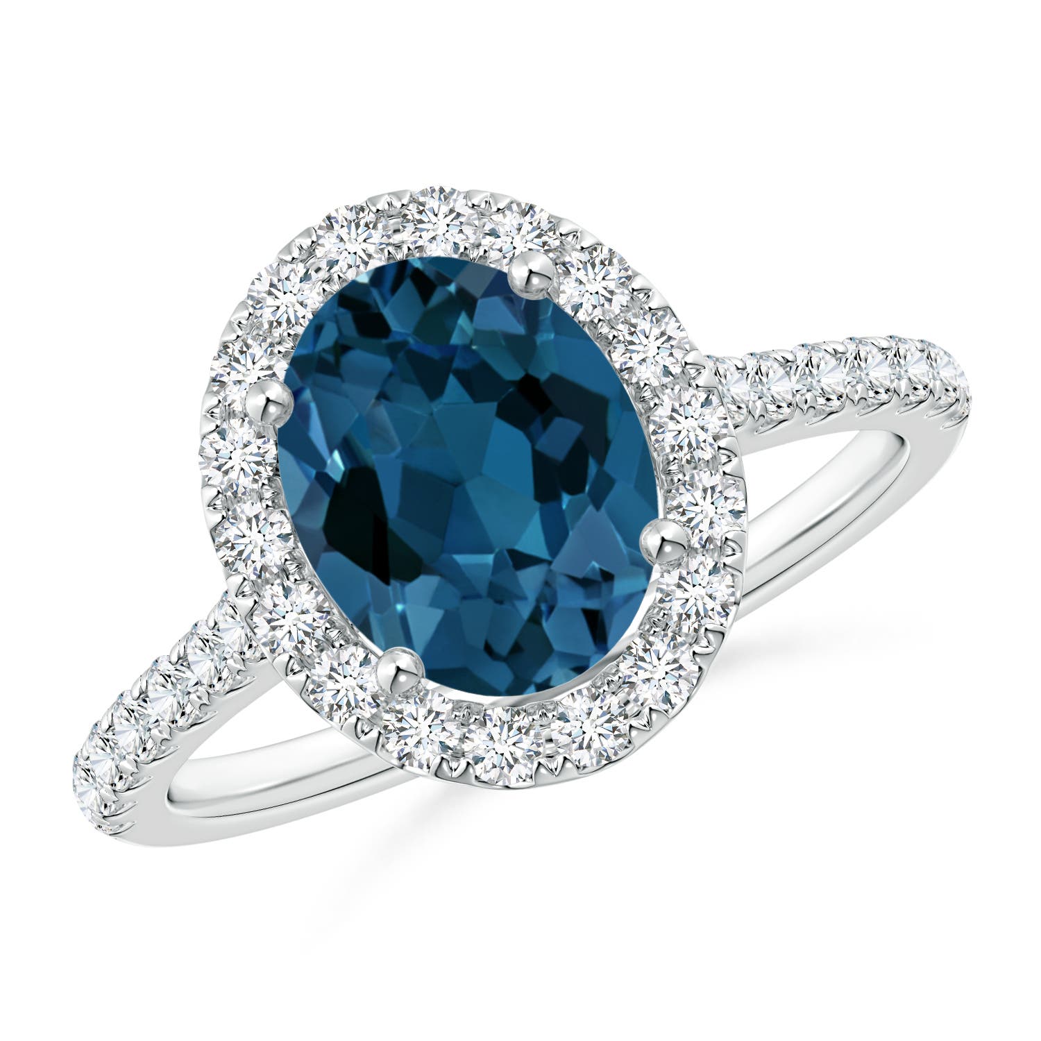 Angara 2.25 Carats Prong-Set Oval London Blue Topaz Halo Ring with Diamond Accents in Platinum