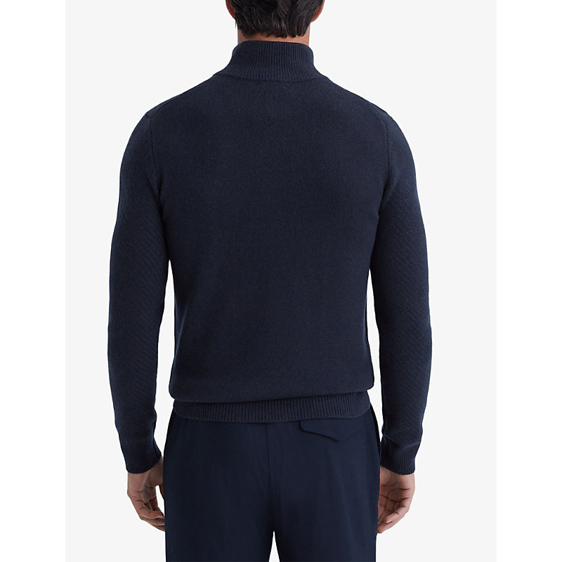 Mens Navy Tempo Half-zip Slim-fit Wool Jumper L