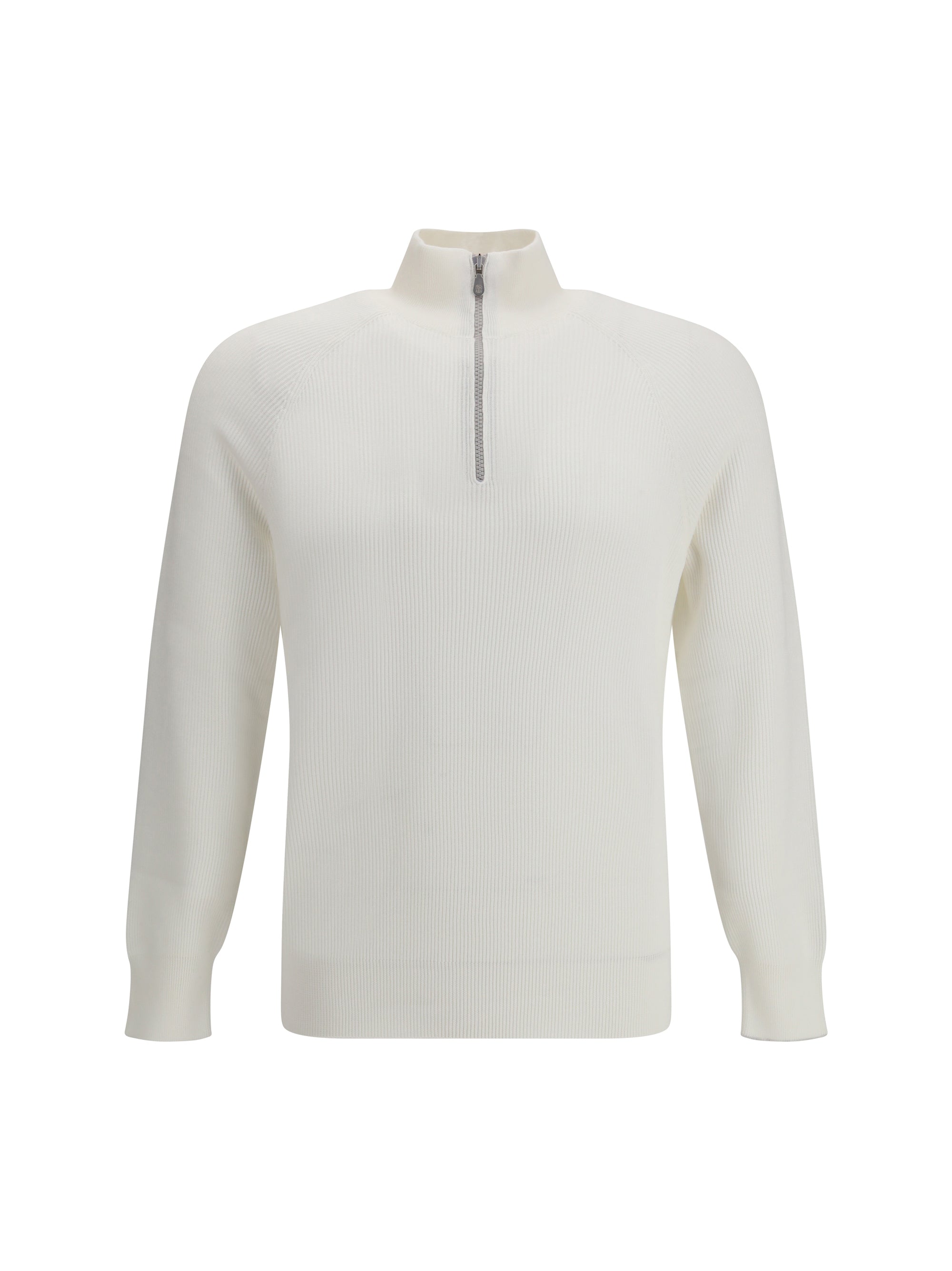 Ribbed Cotton with Half-Zip Sweater — White