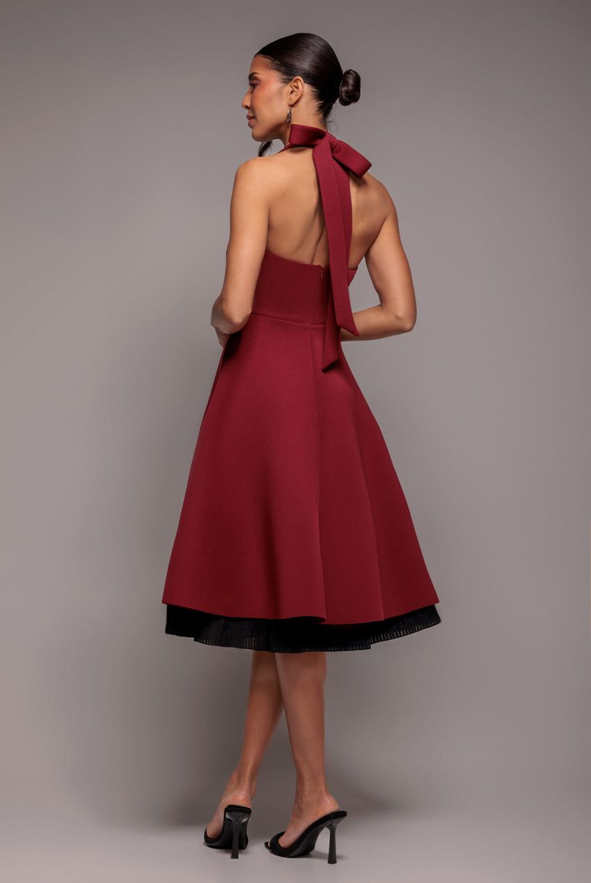 Goddiva Women's Contrast Organza Frill Bow Back Halter Midi Dress in Burgundy