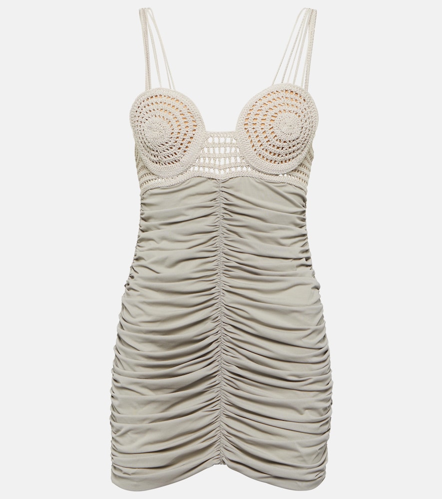 Crochet ruched jersey minidress