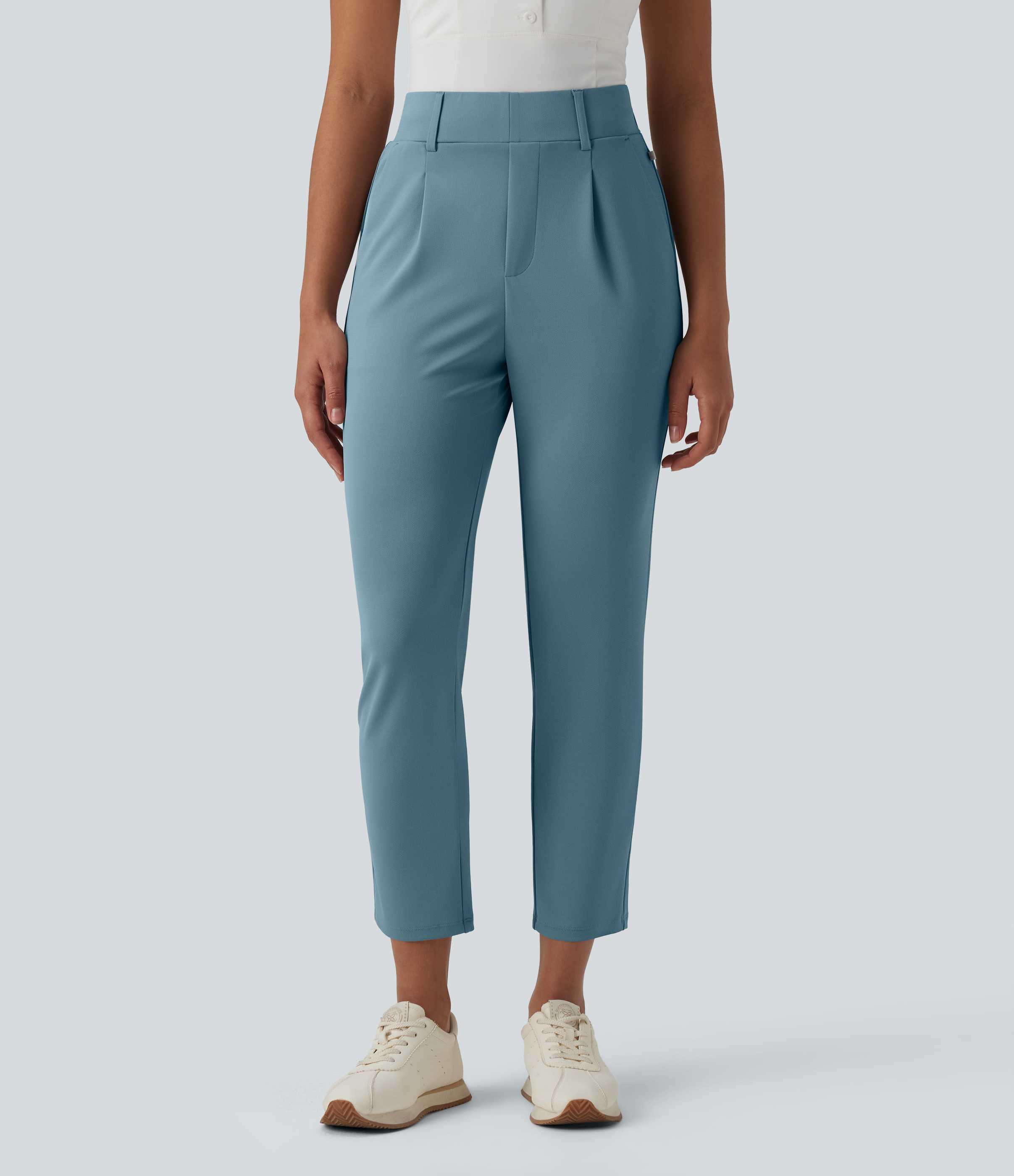 High Waisted Tapered Crepe Golf Pants with Pockets  - Coastline Blue