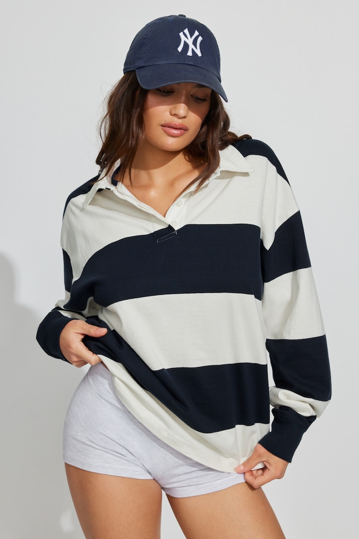 Relaxed Longsleeve Rugby Shirt - Blue - Women Clothing