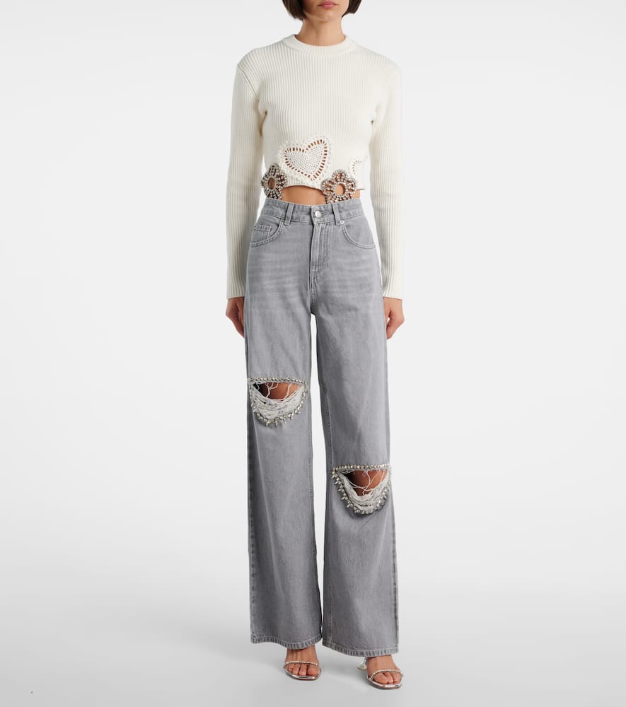 Distressed embellished wide-leg jeans