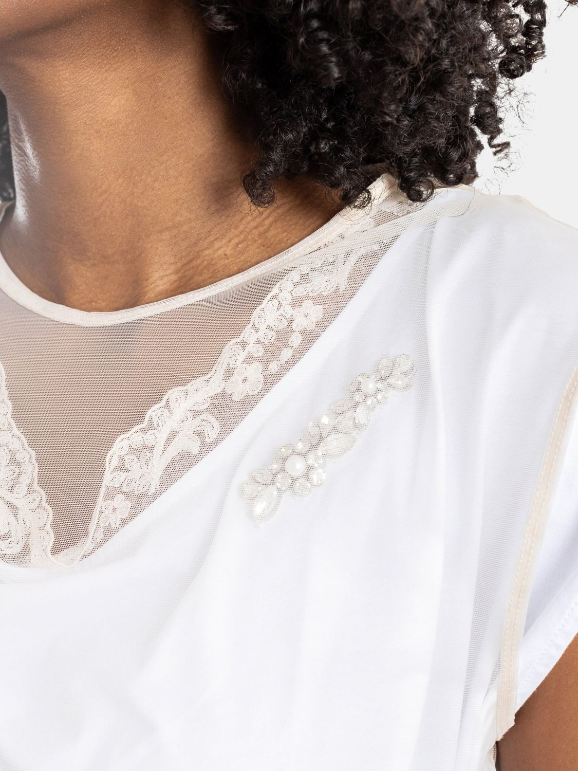 Cotton T-shirt with Embroidered Tulle Inserts and Crystals