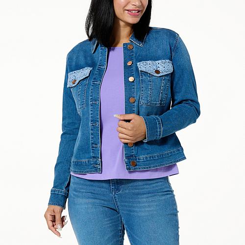 New Classic Stretch Denim Embellished Jean Jacket - Blue