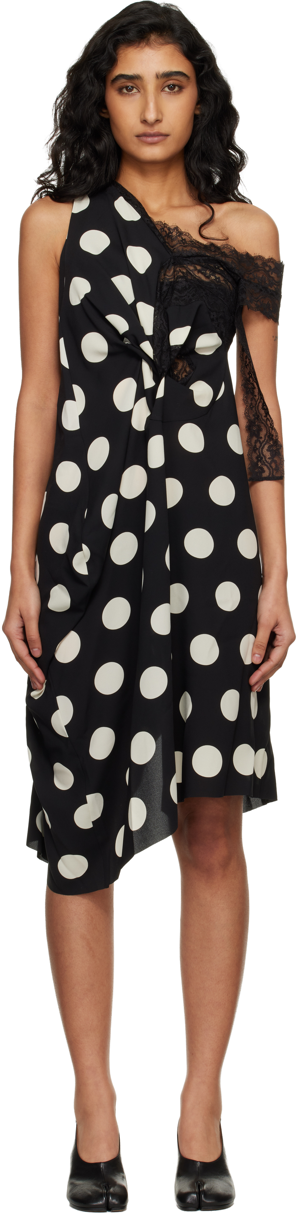 Black & Off-White Printed Lace Minidress