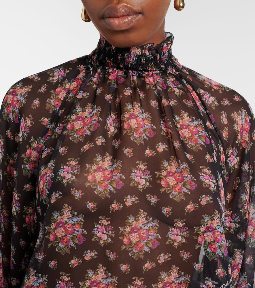 Floral ruffled sheer silk blouse