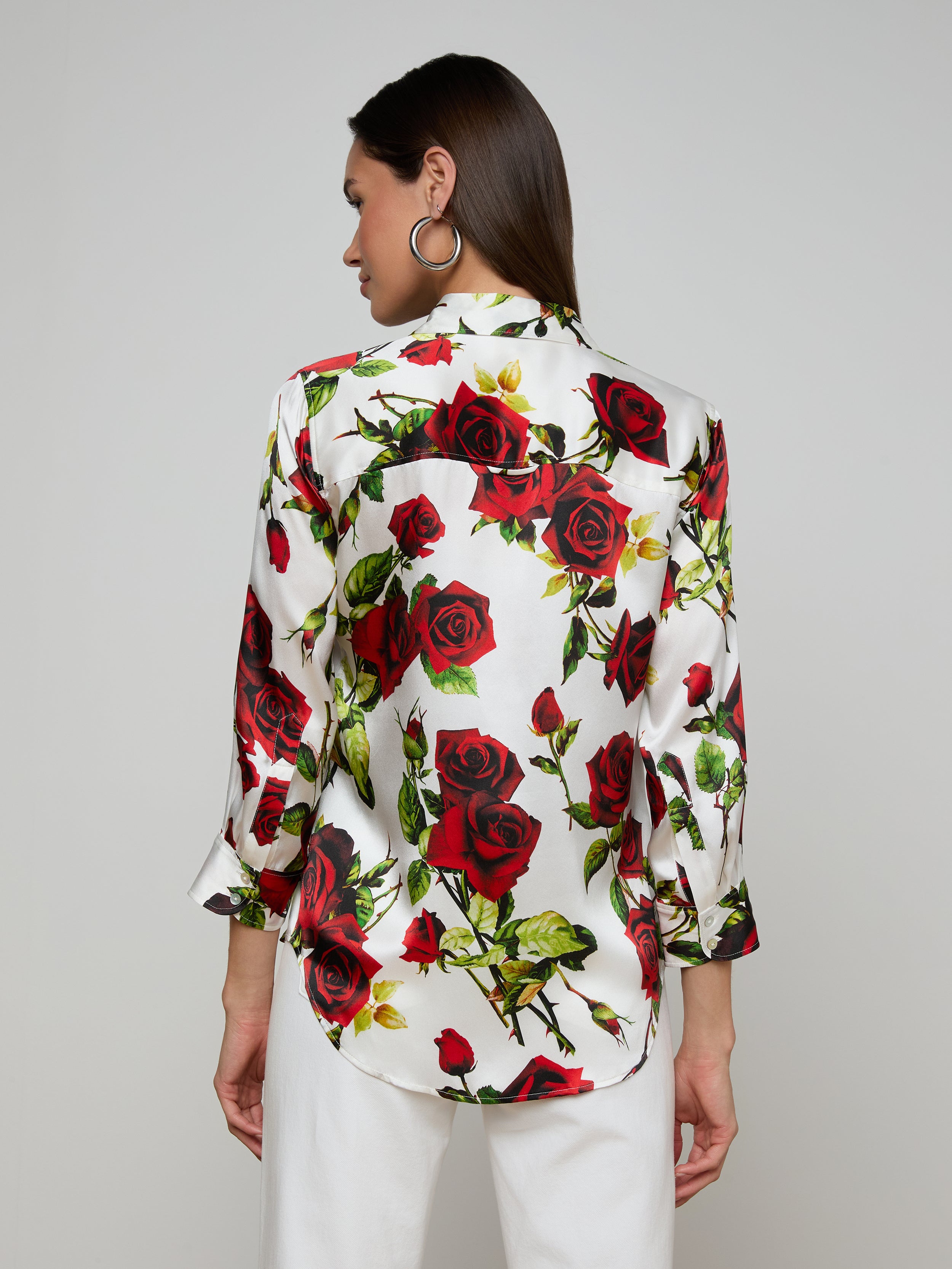 Dani Silk Blouse Top In White/red Romantic Rose