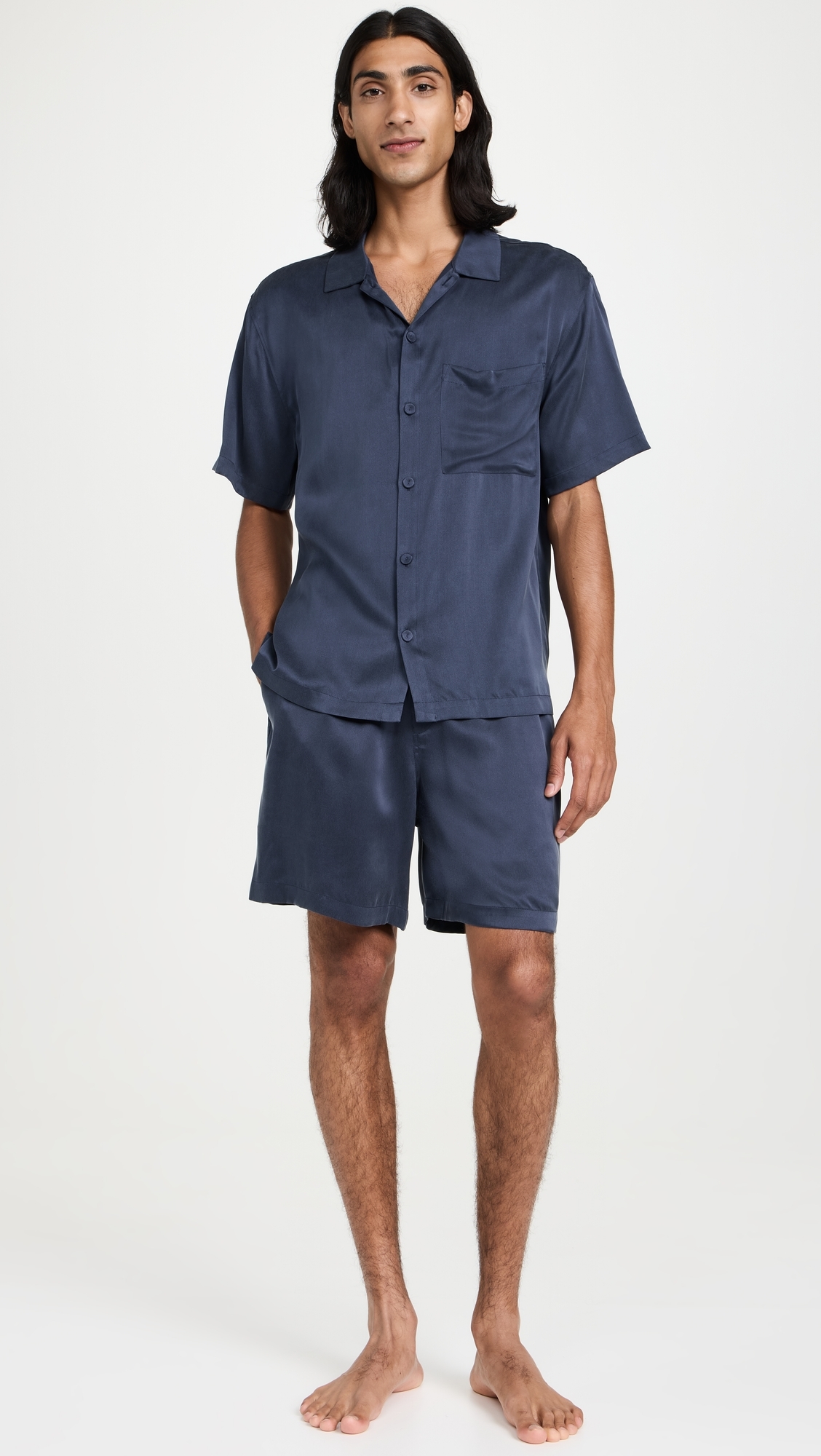 Washable Silk Button Up Short PJ Set Deep Blue