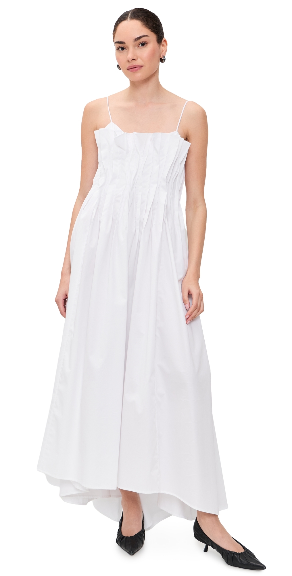 Cinched Pleated Midi Dress White