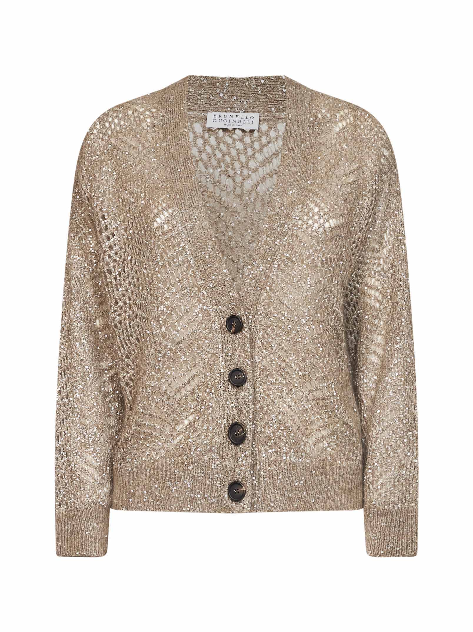 Openwork Leaf with Sequins Cardigan — Brown