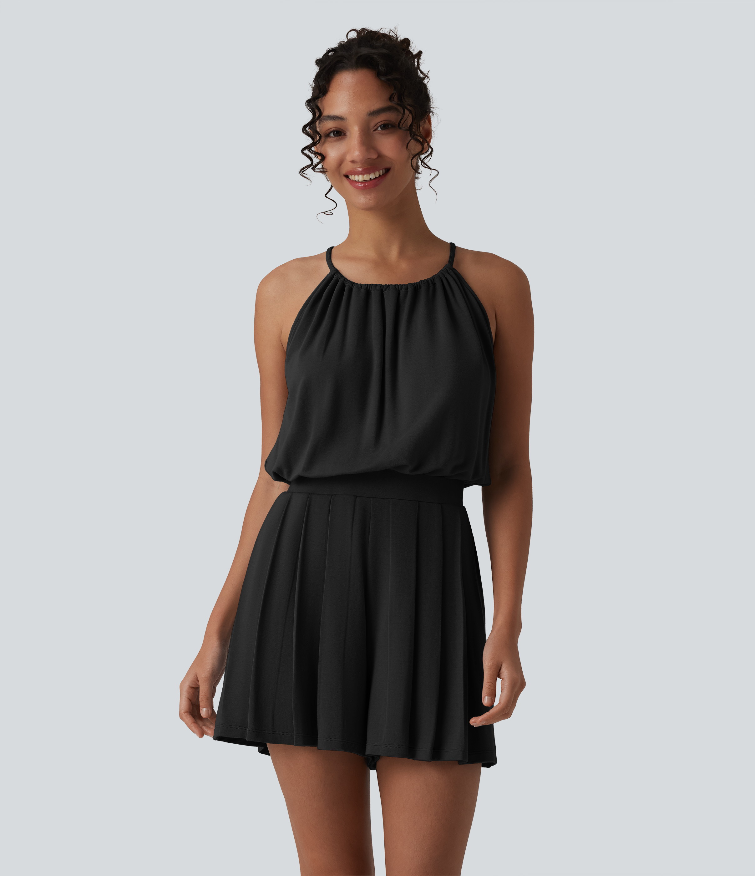 Halter Sleeveless Tie-back Pleated Casual Romper with Pockets-Easy Peezy  - Black
