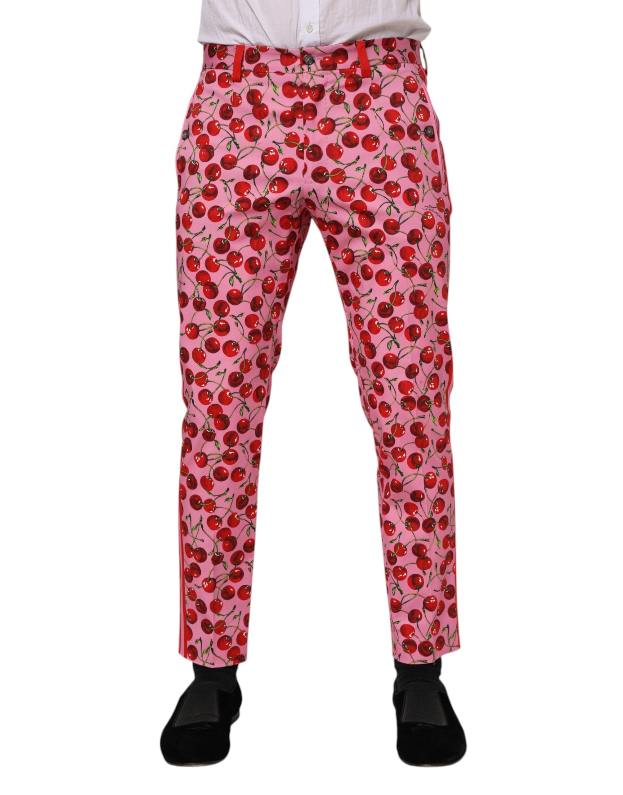 Cherry-Print Cotton Trousers — Pink