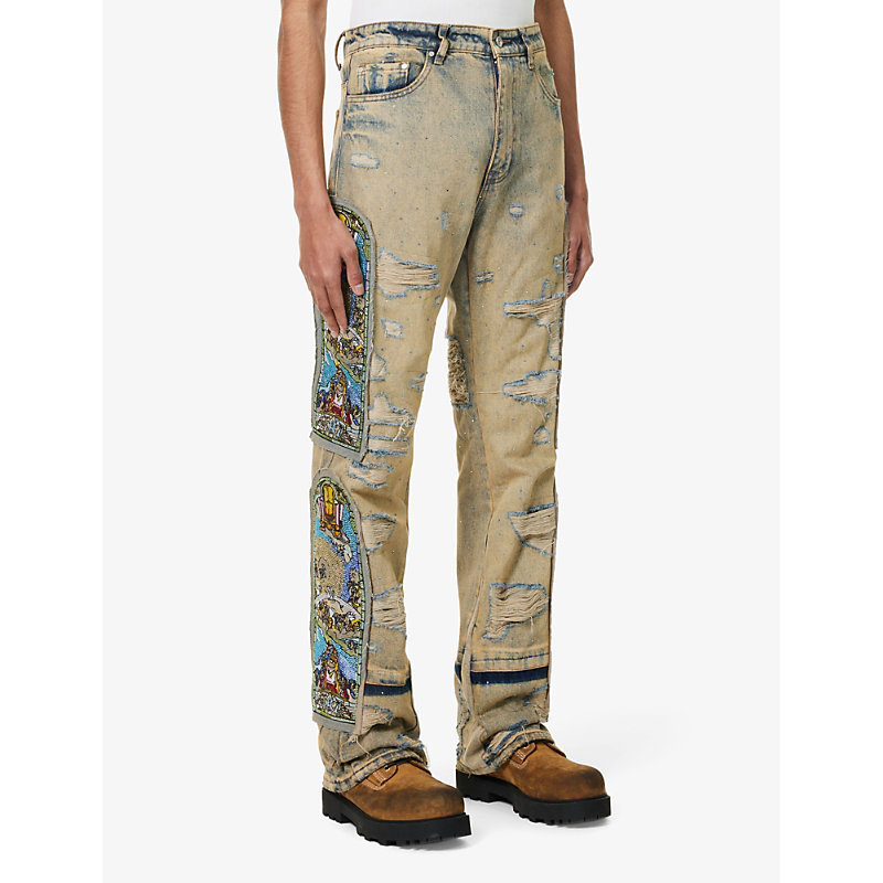 Mens Denim Unfurled Brand-motif Straight-leg Regular-fit Jeans