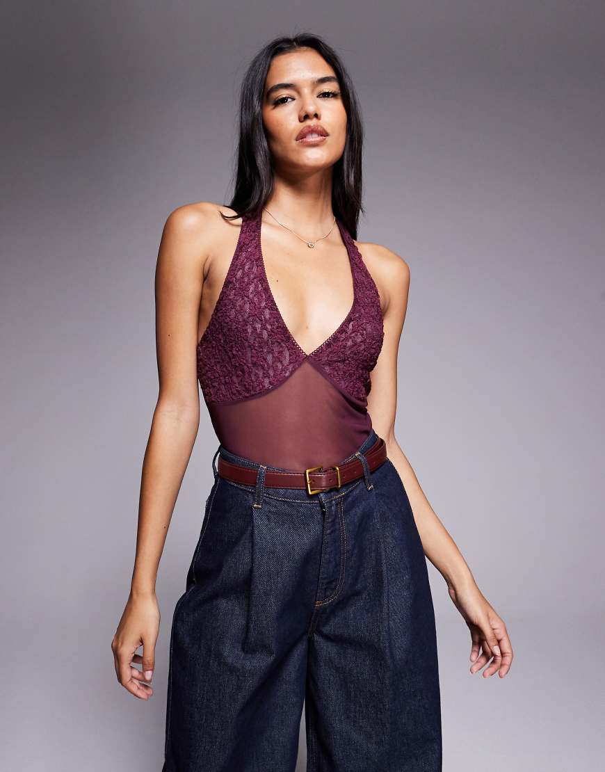 Mesh lace halter neck bodysuit in fig-Purple