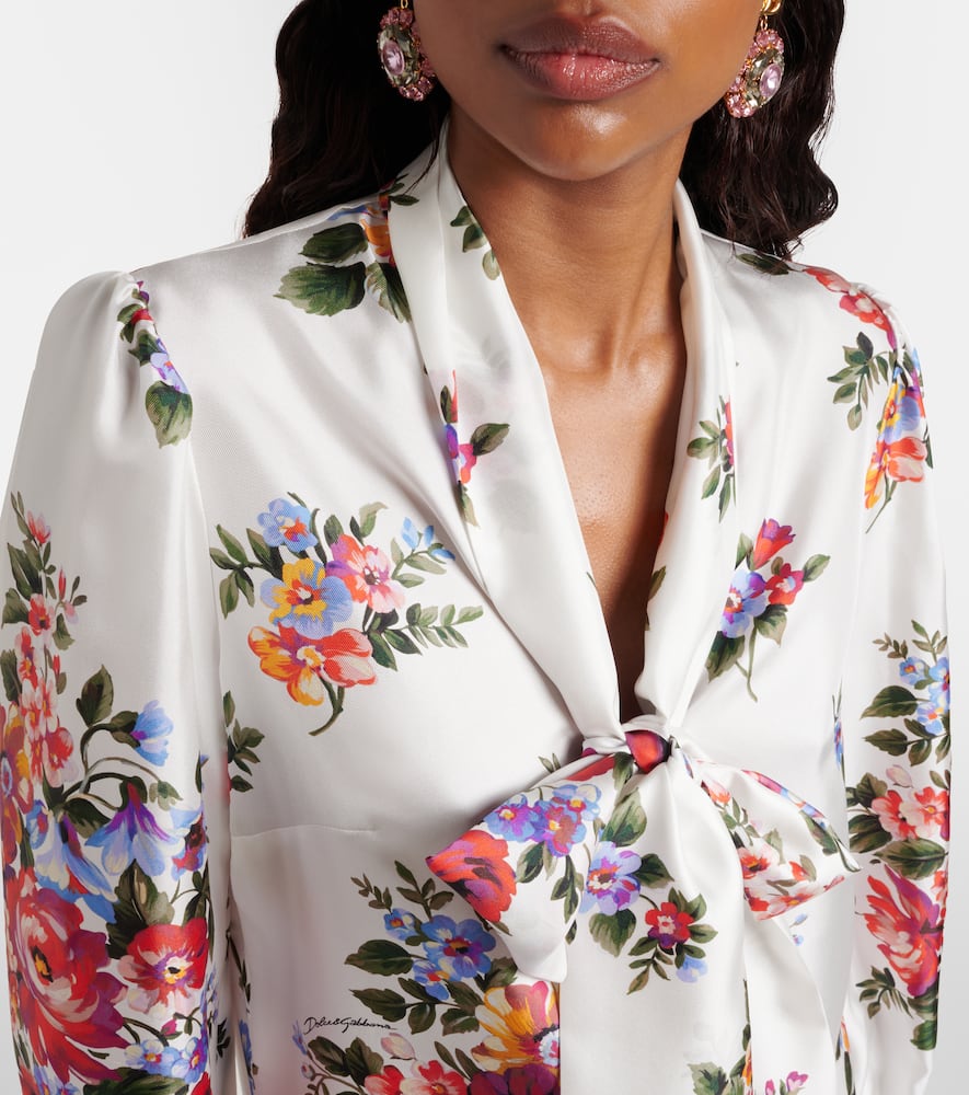 Floral tie-neck silk blouse