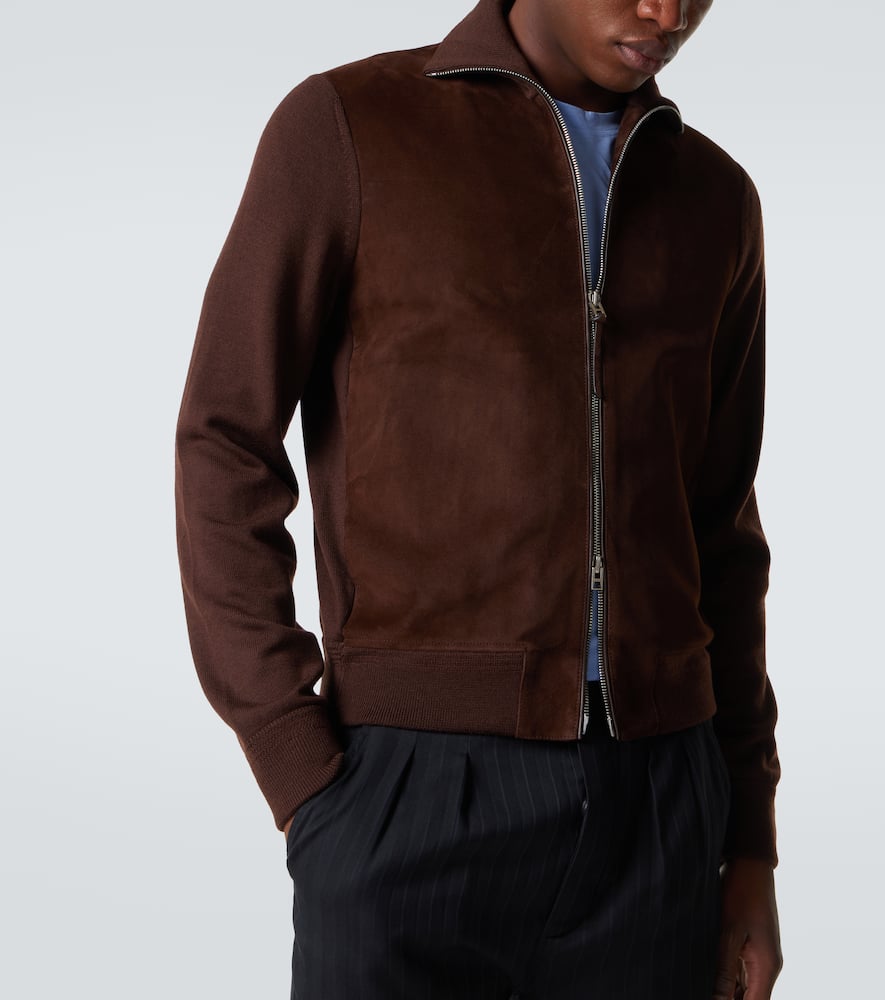 Suede-paneled wool-blend zip-up sweater