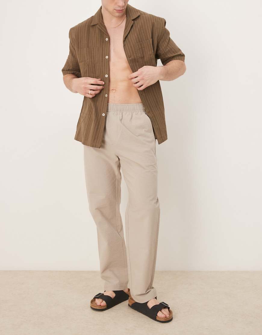 Selected Homme straight fit seersucker pants in cream-White