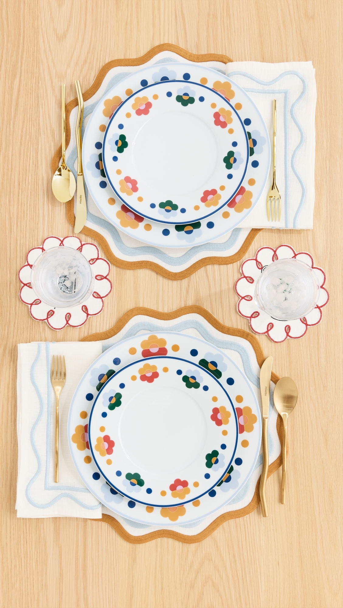 Set of 4 Linen Embroidered Place Mats Blue/Amber One Size