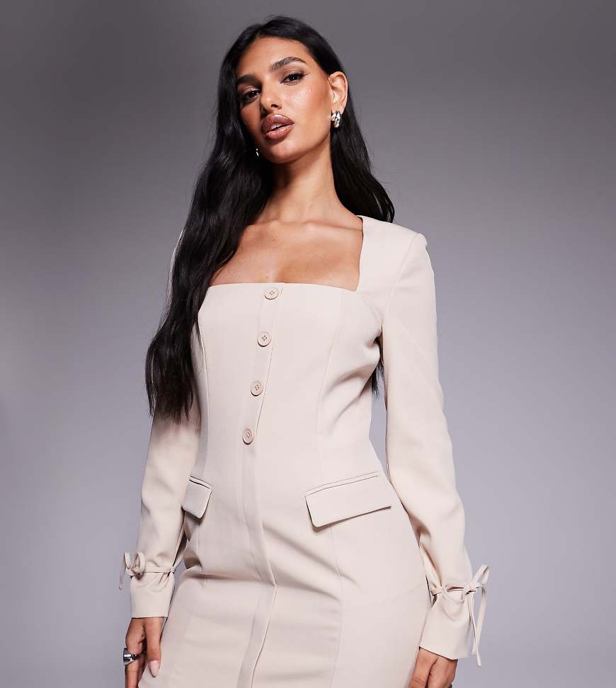 Exclusive square neck bow cuff detail tailored blazer mini dress in cream-White