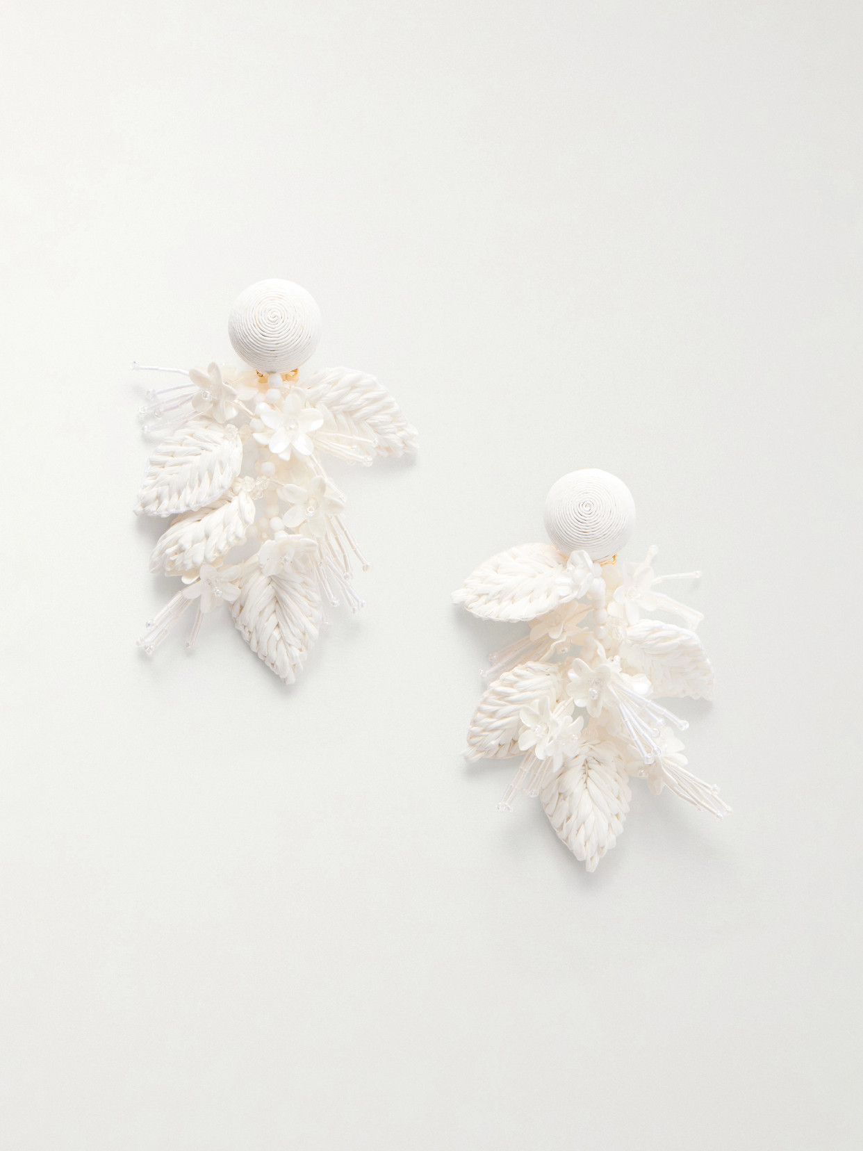 Bouquet Bead-embellished Raffia-like Clip Earrings - White