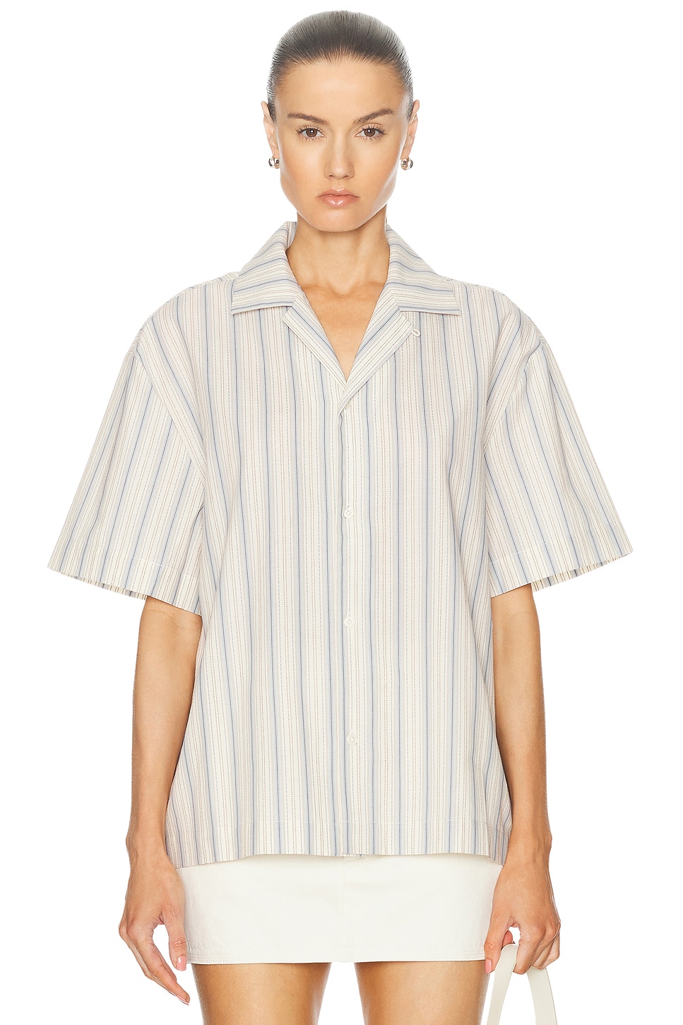WAO Textured Stripe Camp Shirt in Cream & Blue - Blue. S also in